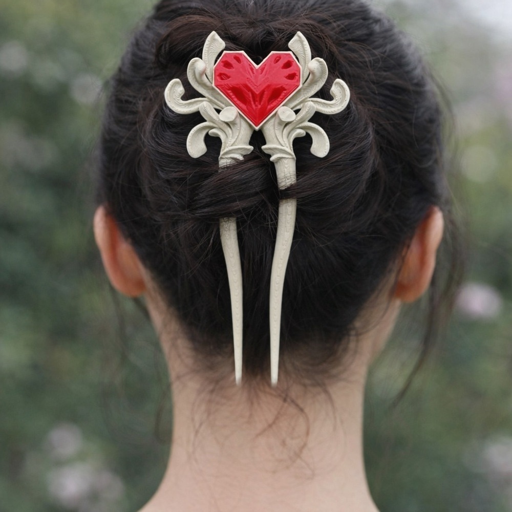 3D Printed Ornate Heart Hair Stick– Red Heart Gothic Floral Design